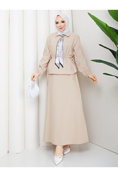 RACE FASHİON Zippered Tie-Down Detailed Shirt & Skirt with Scarf Hijab Set Rc...