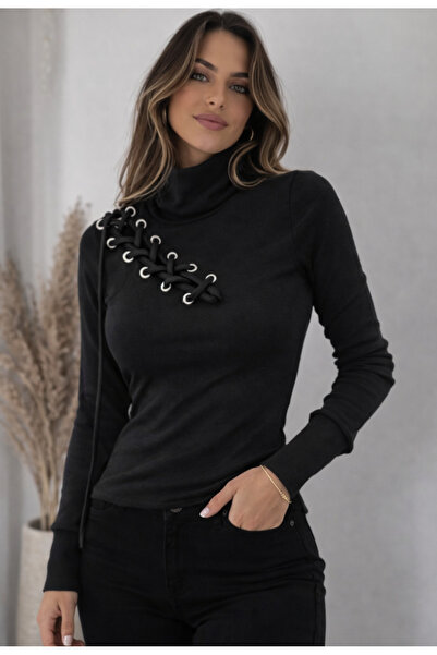 Nobrand Women's black fitted blouse with high collar and lace-up design on th...