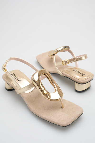 MALENTA Women's Flip Flops Sandals Gold Skin Color Suede Gold Buckled Low Heels with Blunt Toe - Stylish Summer Trend