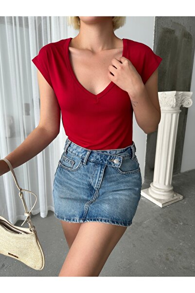 peralist Women's Burgundy V-Neck Low Sleeve Soft-Textured Stretchy Viscose Bl...