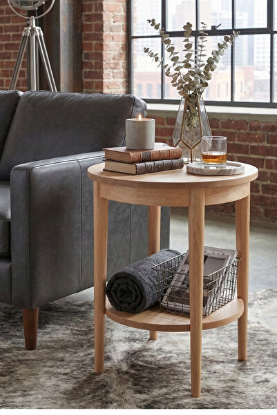 Woodenbend Rayna Naturel Yuvarlak Yan Sehpa – Modern İskandinav Tasarım Raflı...