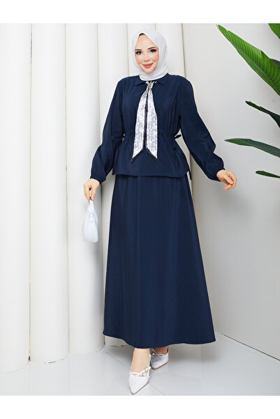 RACE FASHİON Zippered Tie-Down Detailed Shirt & Skirt with Scarf Hijab Set Rc...