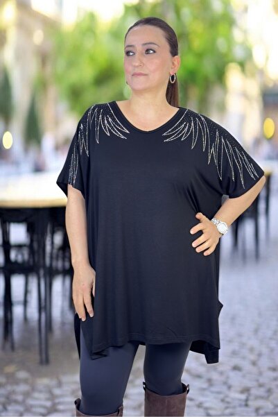 yagmurberen Angelic Stone Embroidered Short Sleeve Loose Fit Viscose Fabric E...