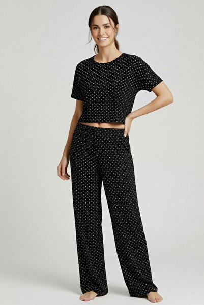 İPEKTENİM Mini Puantiye Desenli Crop Kısa Kol Pijama Takımı