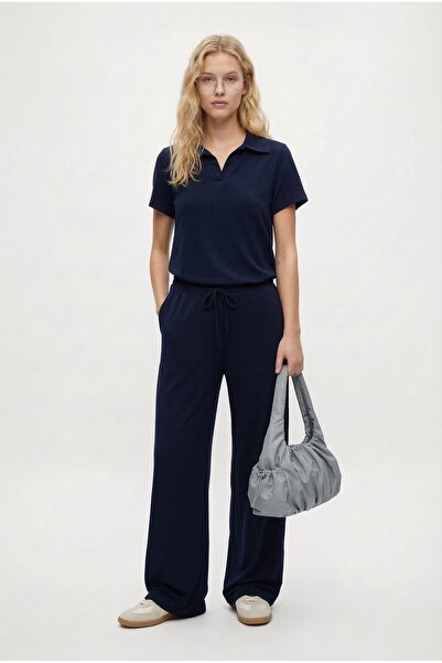 Ritnice Women's Nadia Modal Touch Polo Collar Waist Elastic Pocketed Navy Blu...