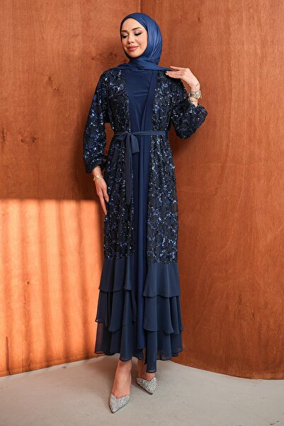 İmajButik Set Abaya dublu cu fustă bleumarin, cu volane în straturi