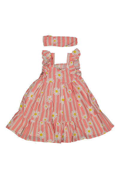 bebegen Girl's Fuchsia Daisy Patterned Striped Dress