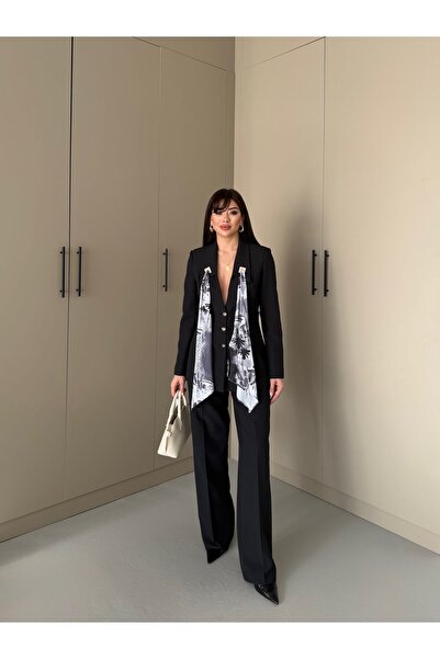 LOVELF Fular Detay Gold Düğmeli Bol Paça Takım Siyah