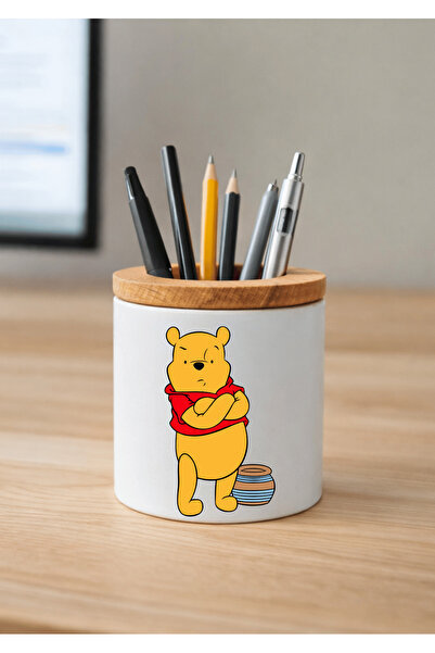 Eylül Design حامل أقلام سيراميك ويني ذا بوه مطبوع مع تفاصيل خشبية لسطح المكتب