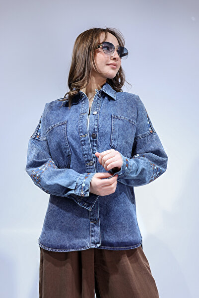 ELİT SHOES Women's Jean Jacket with Ethnic Structure and Embroidery Detail on...