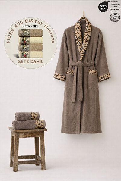 Ellaline Σετ γυναικείων μπουρνούζια Λεοπάρ μοτίβο τεμαχίων, 300% βαμβάκι + Σε...