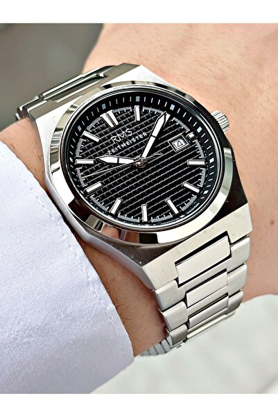 Romanson Silver-Black Color Steel Band Steel Case Men's Wristwatch with Calen...