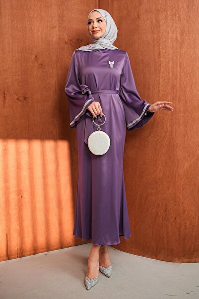 İmajButik Λιλά Σατέν Βραδινό Φόρεμα με Πέτρες στα Μανίκια και Ζώνη στη Μέση