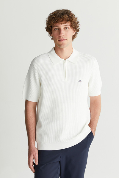 Gant Erkek Beyaz Regular Fit Yarım Fermuarlı Kısa Kollu Kazak
