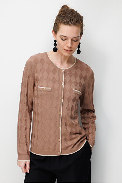 Desen Triko Women's Crew Neck Small Diamond Patterned Fine Knit Cardigan Moka