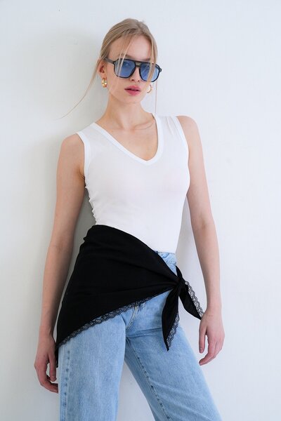 Trend Alaçatı Stili Μαύρη δαντελένια υφαντή μπαντάνα με λεπτομέρειες