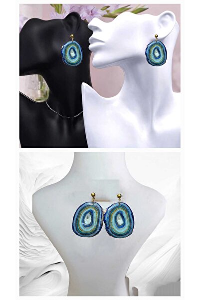 Dodemert Home Blue Natural Stone Look Polymer Clay & Epoxy Design Nail Earrin...