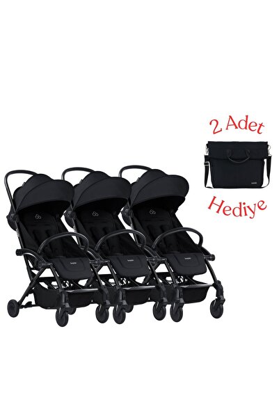 Connect³ Üçüz Bebek Arabası Black - Black & Yan Bakım Çantası Hediyeli