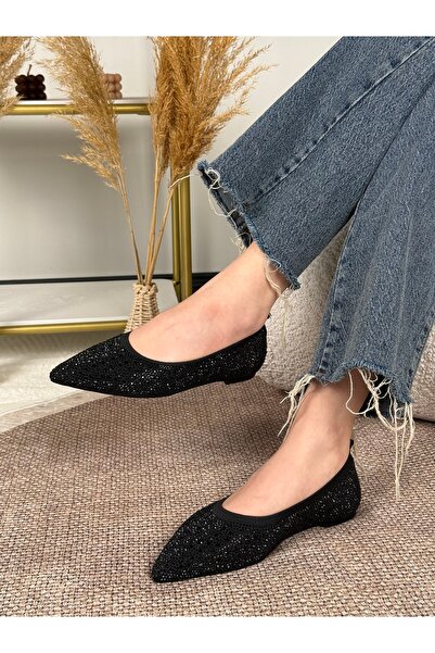 Eysha Vıon Women's Black Pointed Toe Stone Rubber Detailed Shoes Ballet Flats