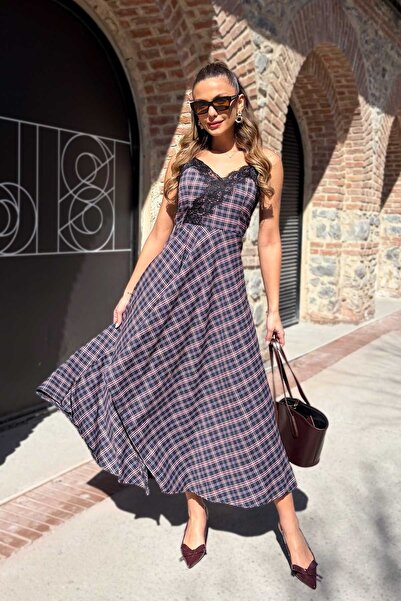 Mine Tan Butik Plaid Li Lace Detailed Women's Dress - Navy Blue