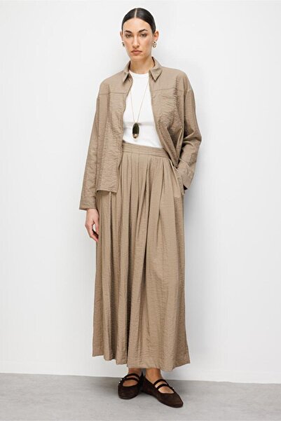 Mizalle Teknik Kumaş Fermuarlı Vizon Rengi Ceket Gömlek