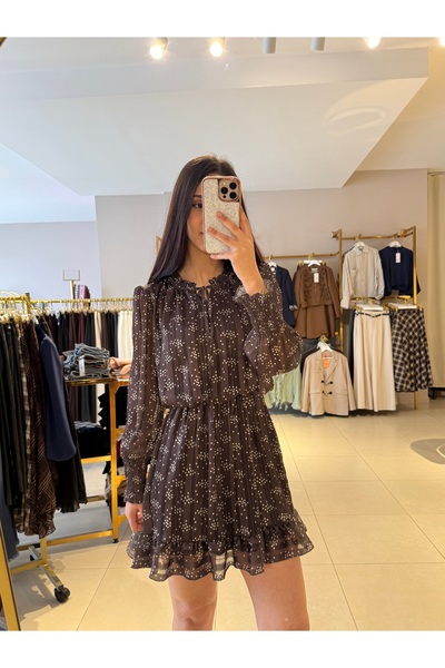 Robin Puantiyeli Yakası Bağlamalı Astarlı Etek Kol Fırfırlı Elbise - Kahve