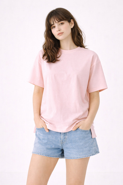 FLAMOVA Women's 100% Cotton Relaxed Fit Slit Round Neck T-Shirt