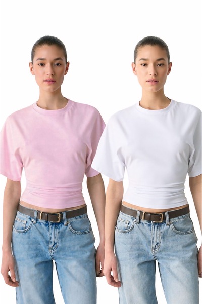 ossons Waist-Tied Bat Sleeve Cotton T-Shirt - Set of 2