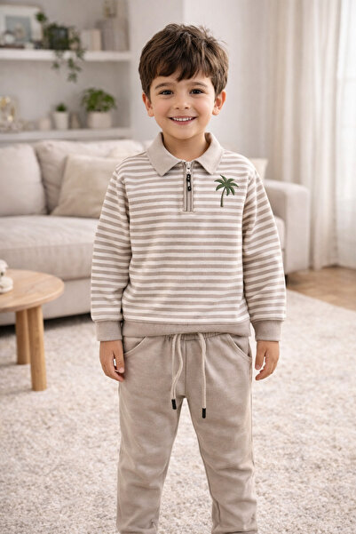 Uğur bebe Hanorac pentru băieți, culoare bej, cu guler polo cu dungi și panta...