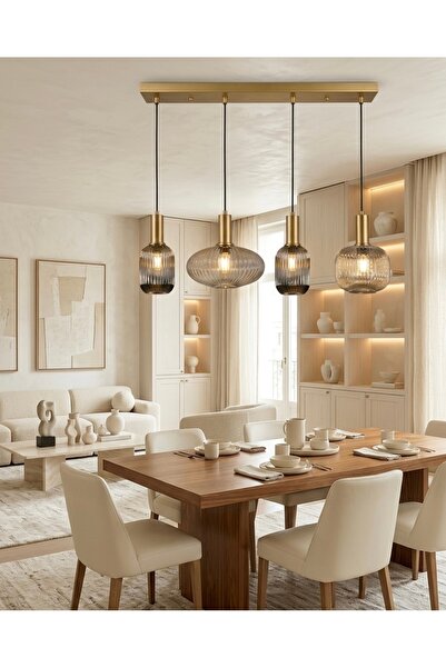 demet habek mylights 4’lü Modern Cam Avize Bal Füme Cam Mat Altın Metal Gövde...