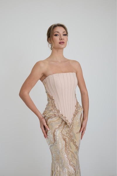 ROJBEY KADIN ABİYE TAŞLI BALENLİ BÜSTİYER DESENLİ ETEK BALIK ELBİSE