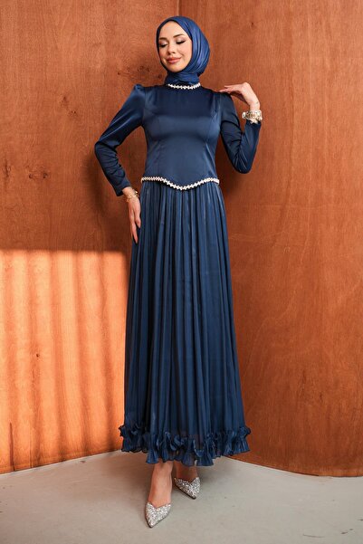 İmajButik Lacivert Taş Detaylı Üstü Saten Piliseli Abiye