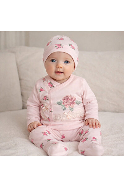 Bebelul Set bebeluși brodat din bumbac Babyim 0-3 luni cu model floral