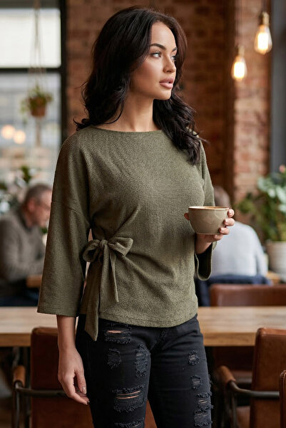 armonika Bluză de damă, kaki închis, cu decolteu în formă de O, cu textură mo...