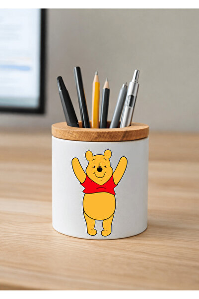 Eylül Design حامل أقلام سيراميك ويني ذا بوه مطبوع مع تفاصيل خشبية لسطح المكتب