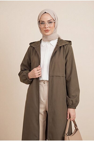 HİJABAYA Boydan Fermuarlı Kapşonlu Uzun Yağmurluk