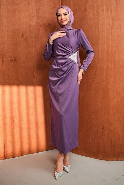 İmajButik Rochie de seara din satin cu detaliu de piatra mov