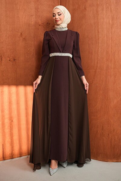 İmajButik Brown Collar Detail Stone Evening Dress