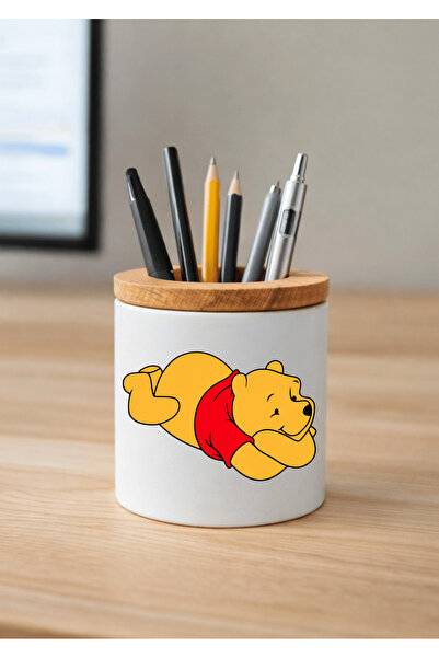 Eylül Design حامل أقلام سيراميك ويني ذا بوه مطبوع مع تفاصيل خشبية لسطح المكتب