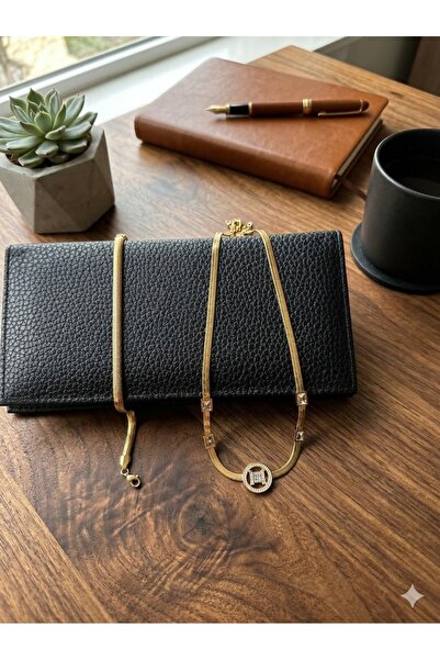 Zaman Kutusu Women's Black Wallet and Gold Color Stone Necklace-Herringbone B...