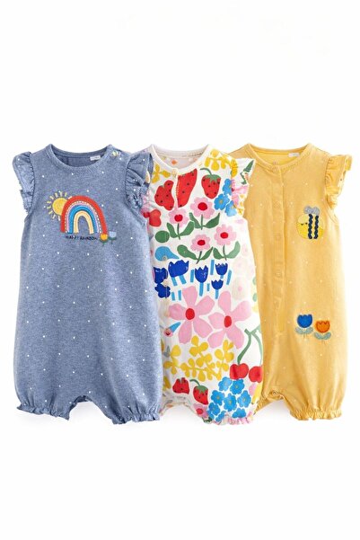 Next Baby مجموعة من قطن رومبيرات زرقاء بألوان قوس قزح منقوش مكونة من 3 قطع