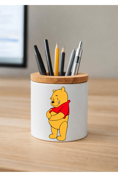 Eylül Design حامل أقلام سيراميك ويني ذا بوه مطبوع مع تفاصيل خشبية لسطح المكتب