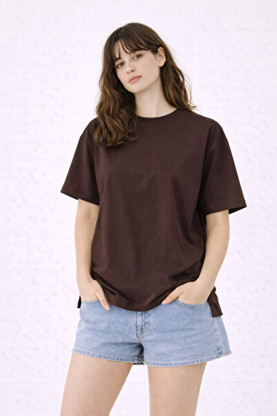 FLAMOVA Women's 100% Cotton Relaxed Fit Slit Round Neck T-Shirt