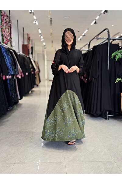 dar laha abaya Abaya D940 - Black Berry Fabric with Padded Lace - Olive