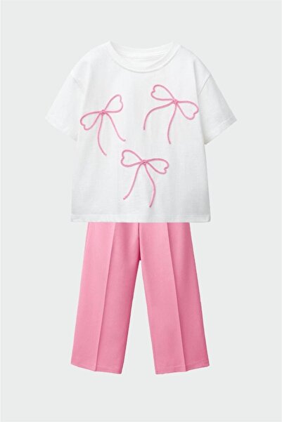 Little Miny Kids (5-14 سنة) طقم سوتريه وردي تفاصيل فيونكة بياقة دائرية 100% ق...