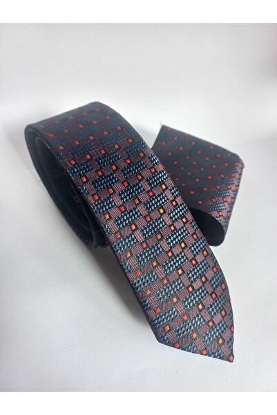 Kravatistan Navy Blue - Claret Red Patterned Thin Tie and Handkerchief Set 5.5cm