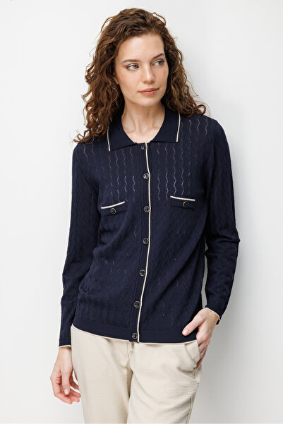 Desen Triko Women's Polo Collar Lace-Like Knit Araboy Fine Knit Cardigan Dark...