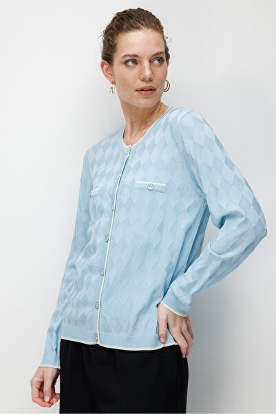 Desen Triko كارديجان نسائي برقبة دائرية صغير الحجم بنمط ماسي تريكو خفيف B. أزرق