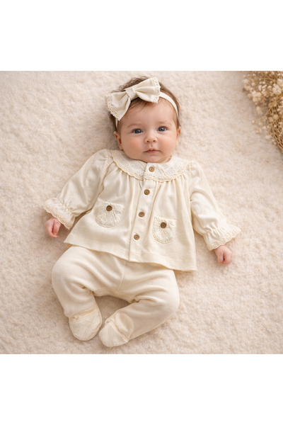 Happy Baby Butik Baby Aura 100% Cotton Baby Girl Guipure Detailed Bandana Set...