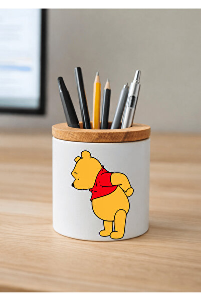 Eylül Design حامل أقلام سيراميك ويني ذا بوه مطبوع مع تفاصيل خشبية لسطح المكتب